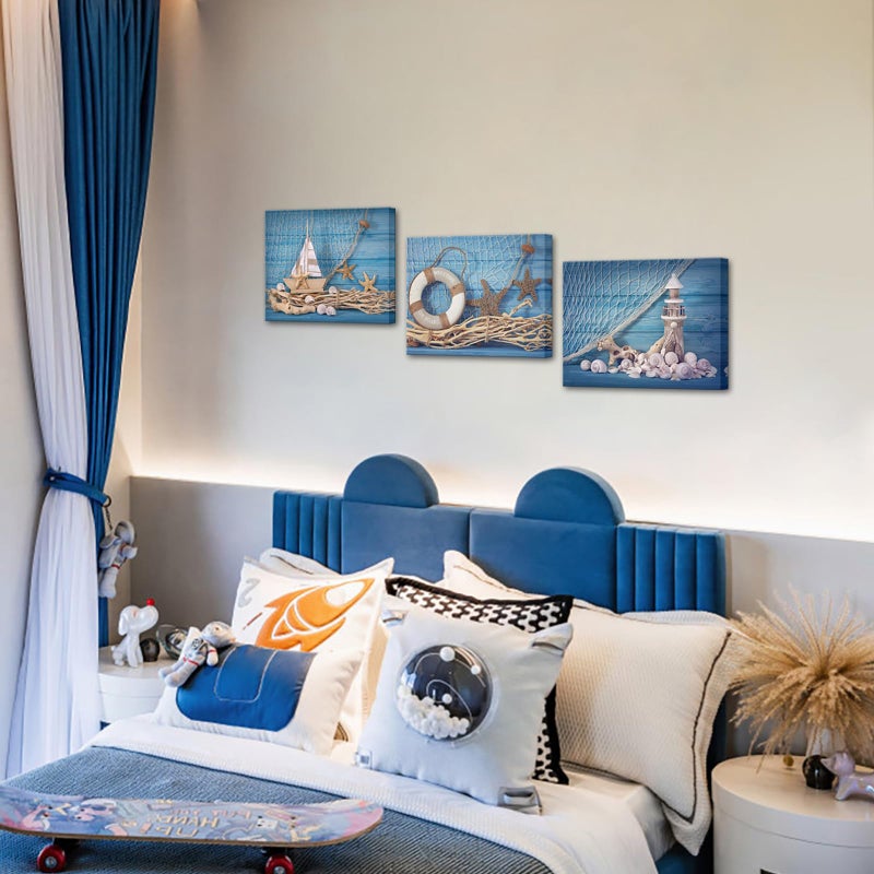 LevvArts 3 Piece Beach Canvas Wall Art Seashell Startfish with Blue Board Picture Prints Maritime Sailing Boat Lighthouse Poster Painting for Bathroom Gallery Canvas Wrapped Ready to Hang - Image 4